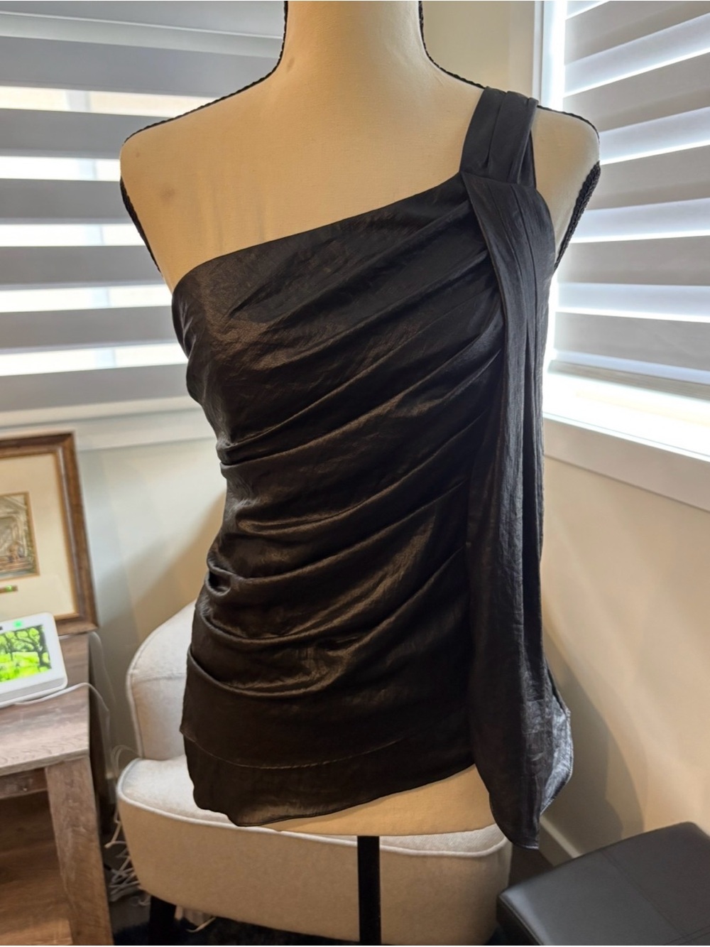 BCBGMaxAzria One-Shoulder Black Draped Cocktail Top